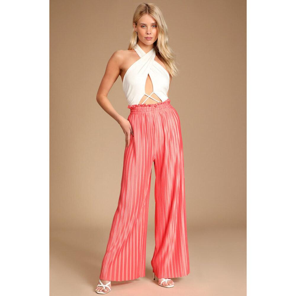 Lulus Love Without End Coral Pink Pleated High-waist Wide-leg Pants